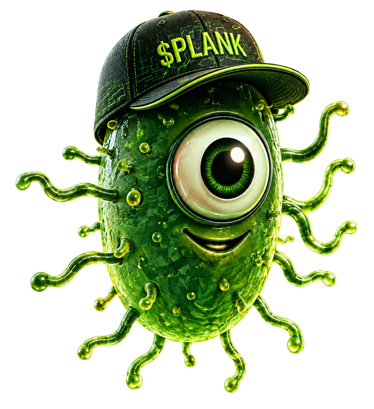 PLANKTON mascot wearing a $PLANK cap