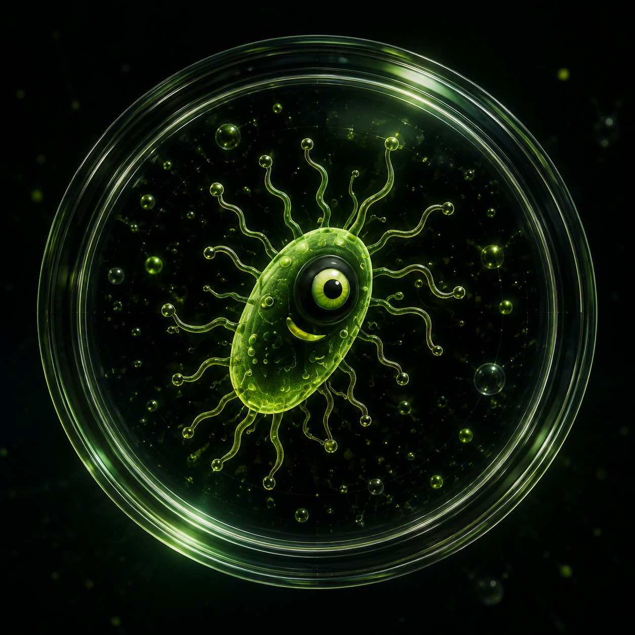 Bioluminescent plankton microorganism in a glass petri dish