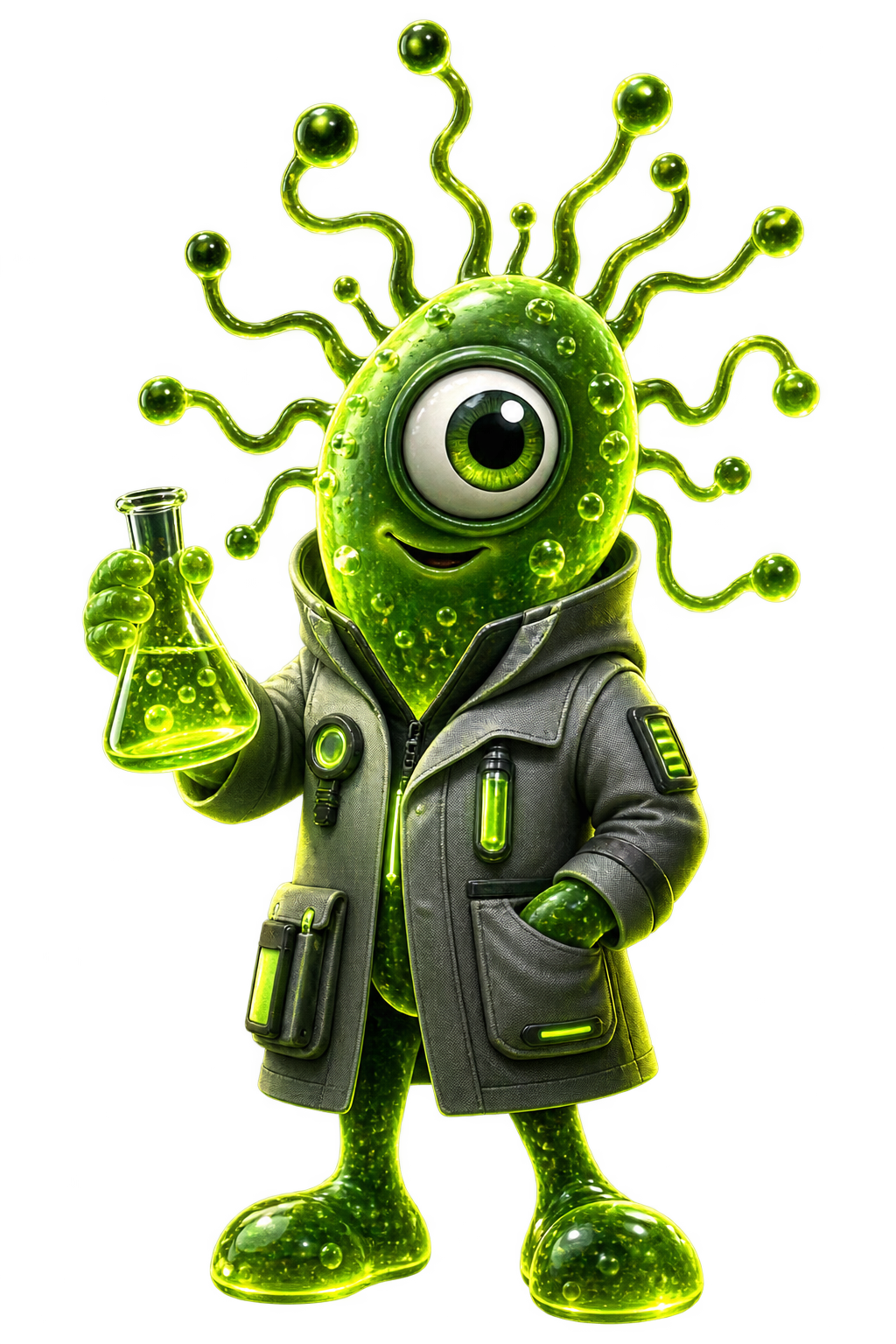 PLANKTON scientist holding a glowing formula flask